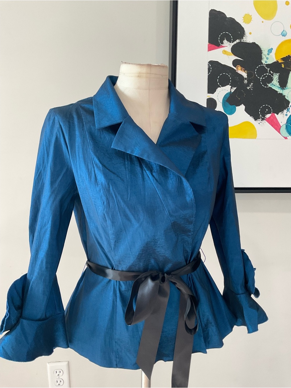 CHETTA B Blue Wrap Style Blouse with Black Ribbon Tie Size 14